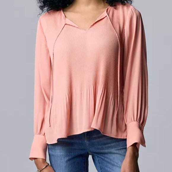 Simply Vera Wang Rosette Pink Pleated Chiffon Split Neck Peplum Blouse XL - Picture 1 of 12